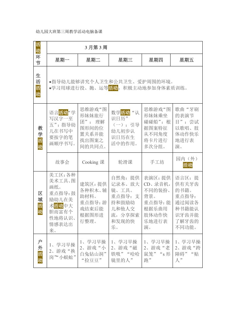 幼儿园大班第三周教学活动电脑备课