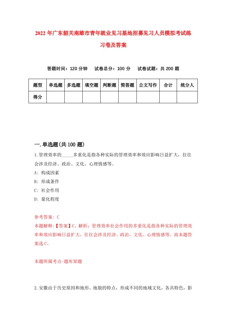 2022年广东韶关南雄市青年就业见习基地招募见习人员模拟考试练习卷及答案第1次