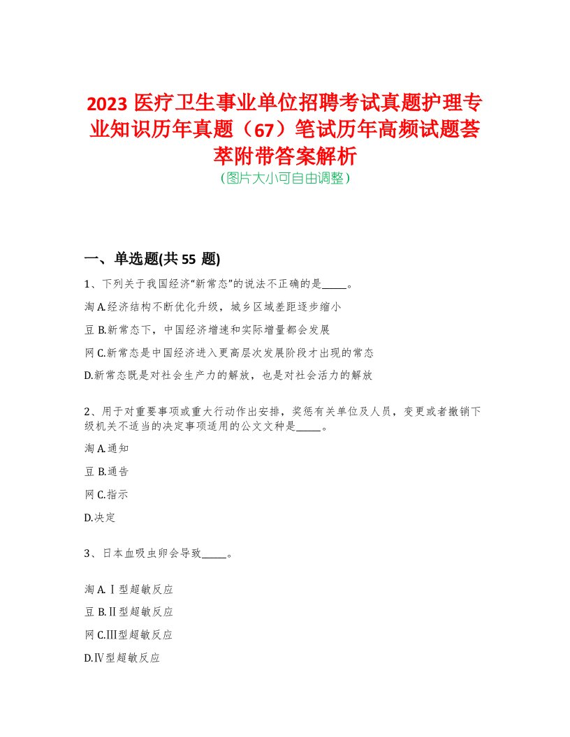 2023医疗卫生事业单位招聘考试真题护理专业知识历年真题（67）笔试历年高频试题荟萃附带答案解析