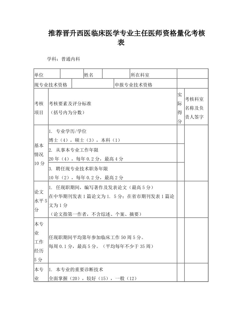 晋升临床医学专业高级技术资格量化考核表(正高各科)