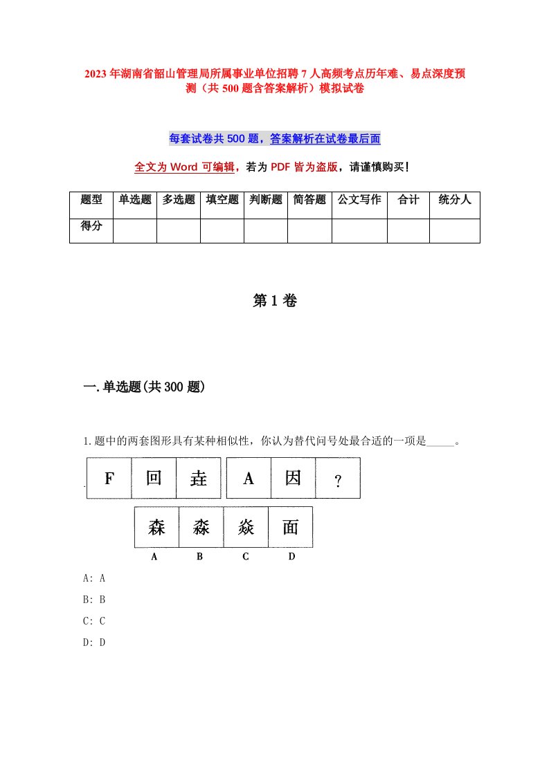 2023年湖南省韶山管理局所属事业单位招聘7人高频考点历年难易点深度预测共500题含答案解析模拟试卷