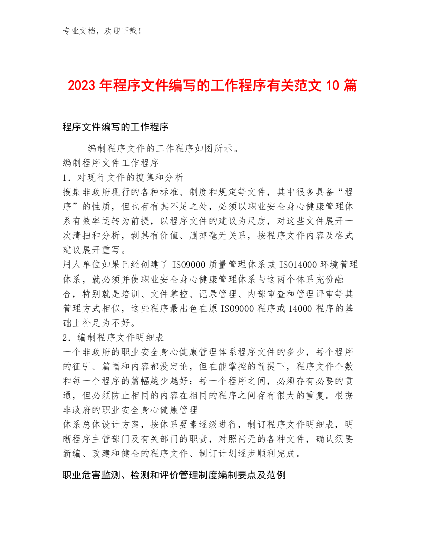 2023年程序文件编写的工作程序有关范文10篇