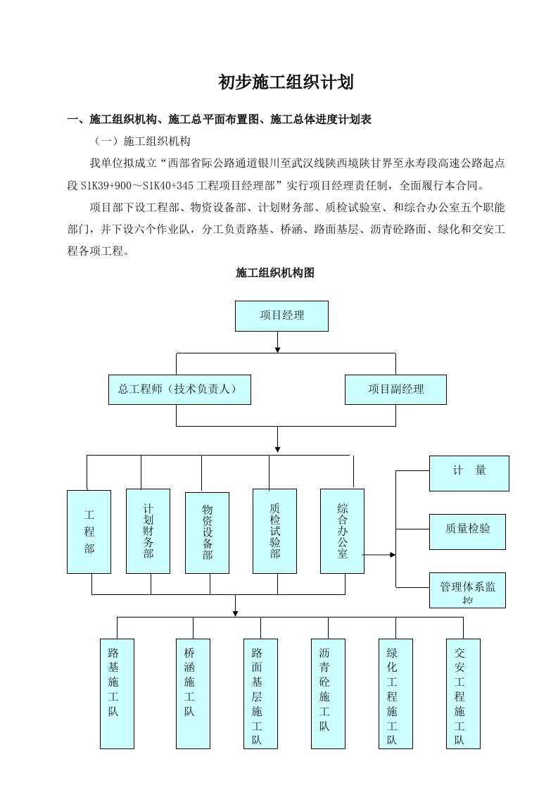 西部省际公路通道银川至武汉线陕西境陕甘界至永寿段高速公路项目施工组织设计