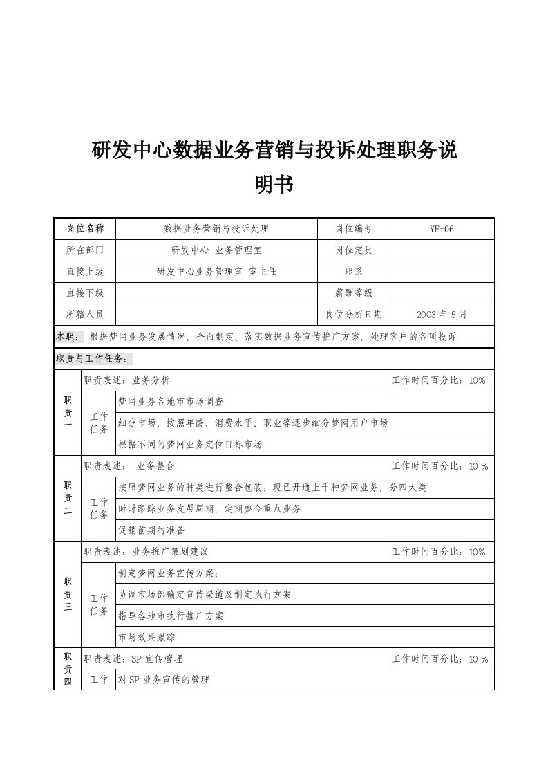 数据业务营销与投诉处理员岗位职责分析