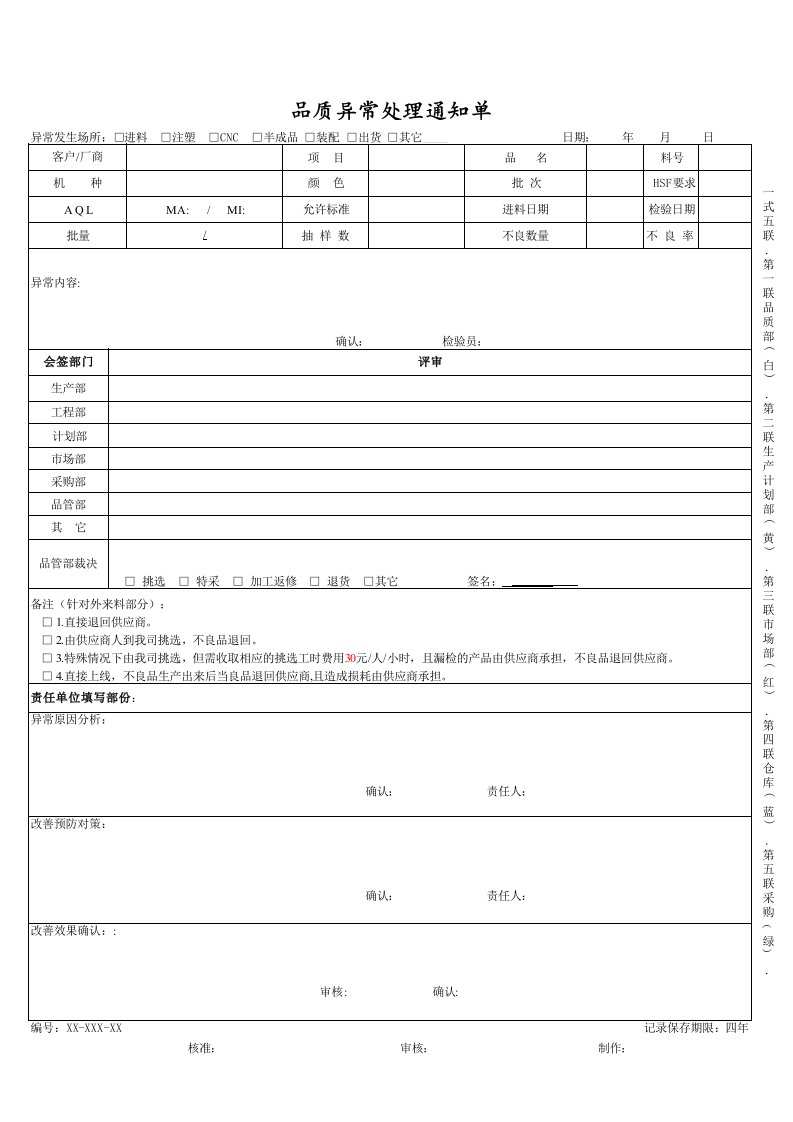 品质异常处理通知单[空白模板]