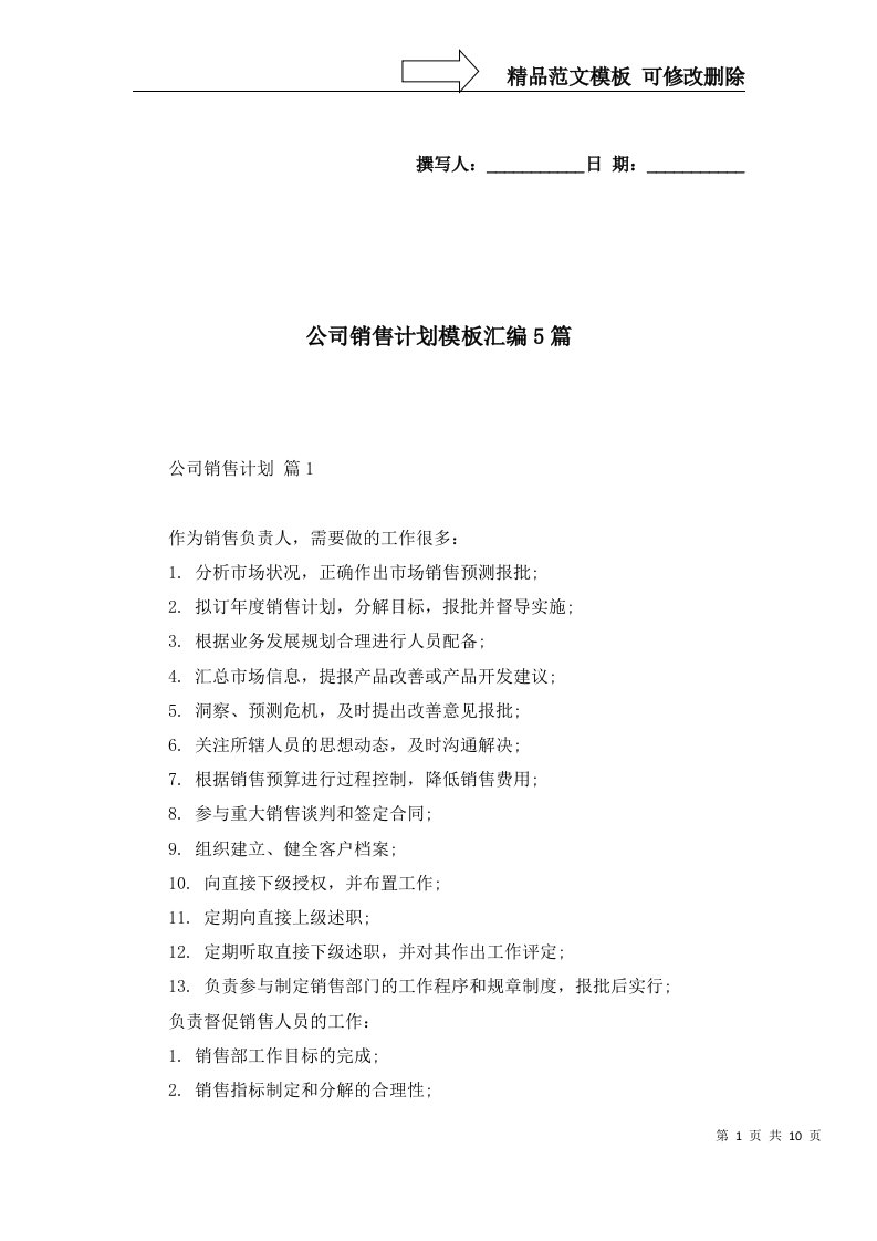 公司销售计划模板汇编5篇三