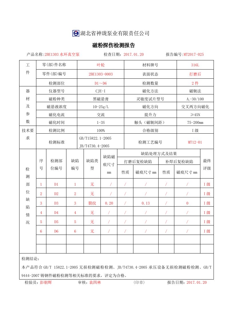 叶轮磁粉探伤报告