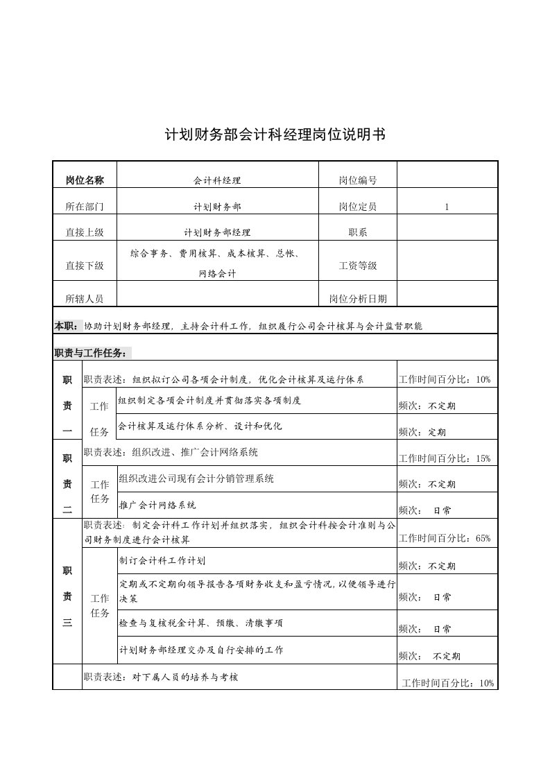 计划财务部会计科经理工作说明书