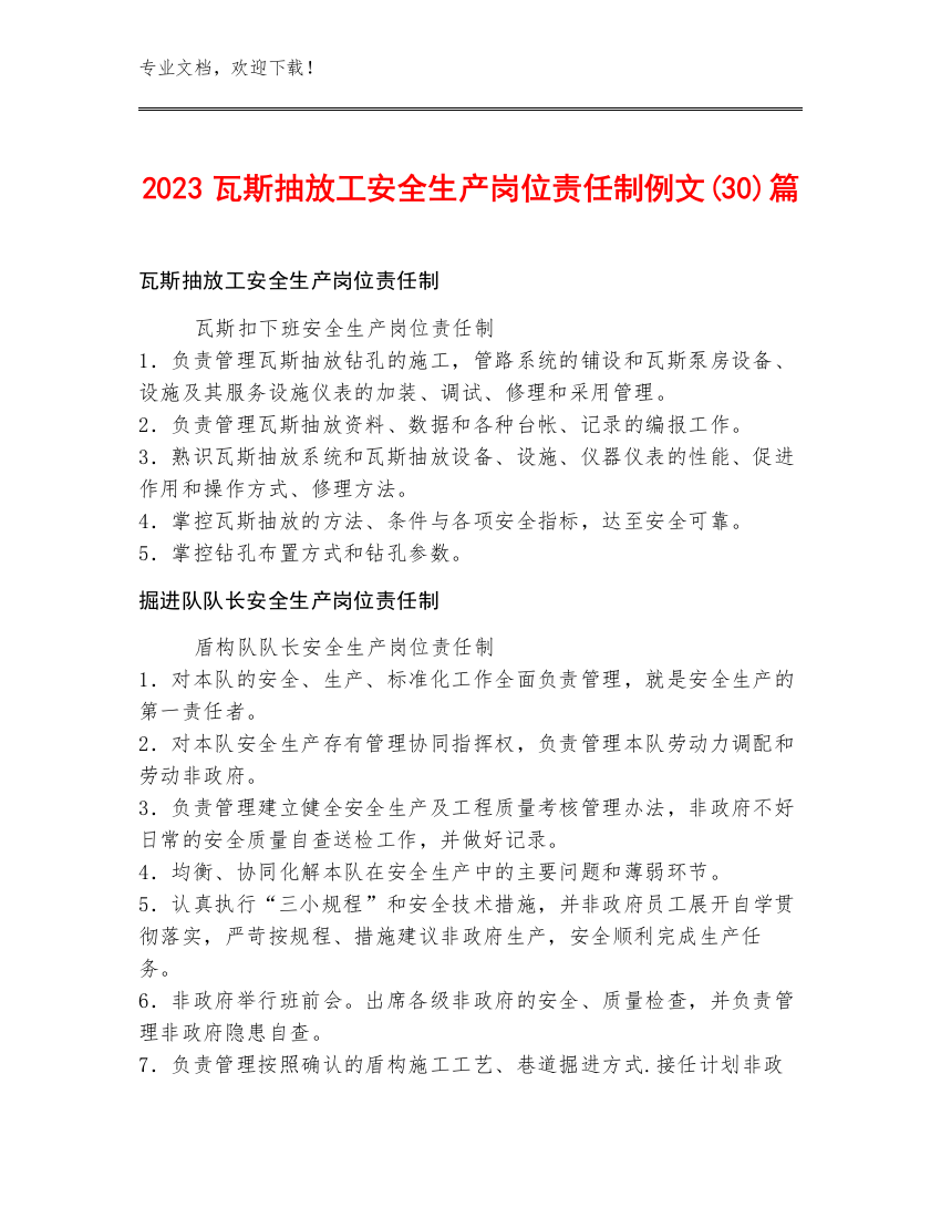 2023瓦斯抽放工安全生产岗位责任制例文(30)篇