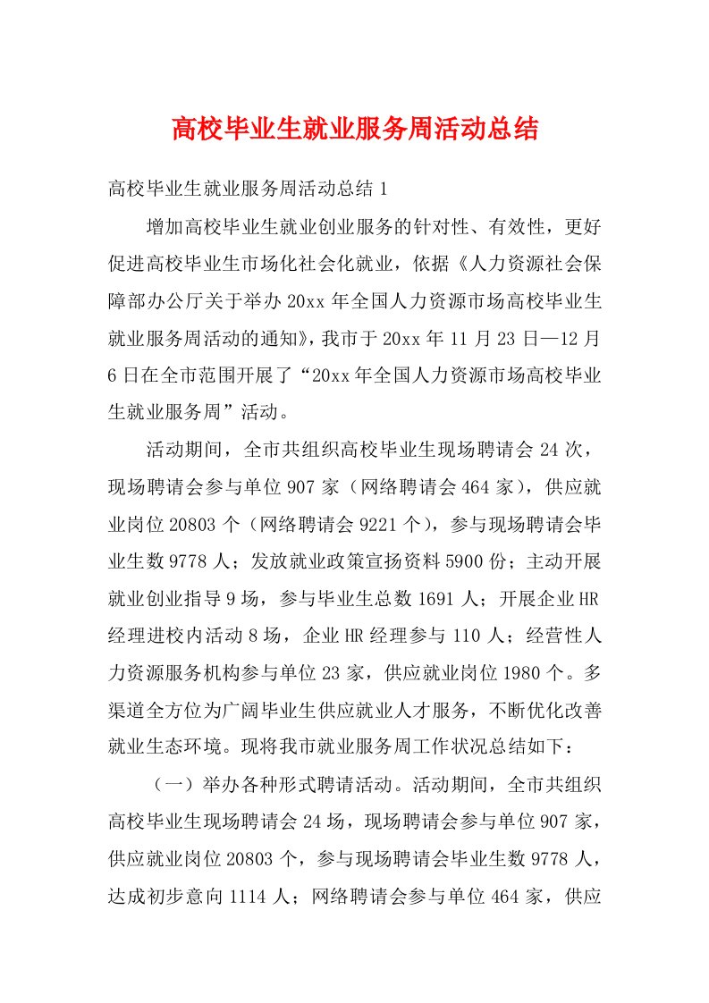 高校毕业生就业服务周活动总结