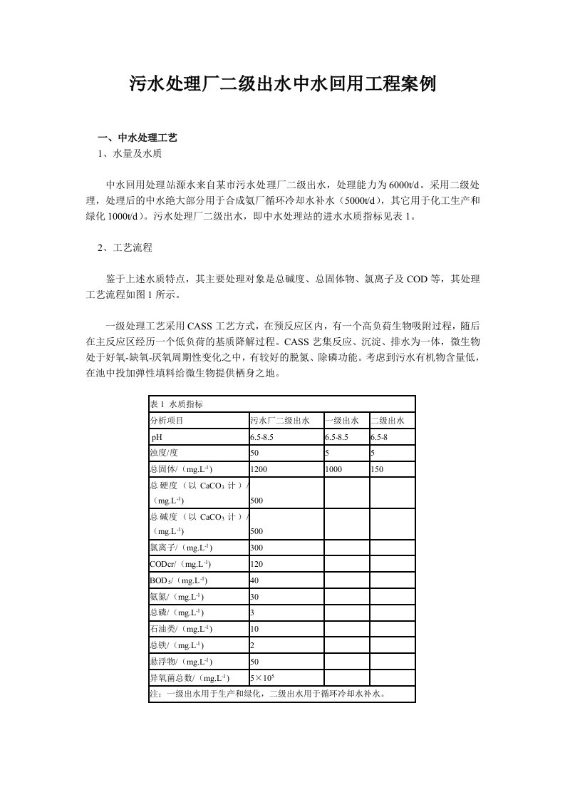 污水处理厂二级出水中水回用工程案例