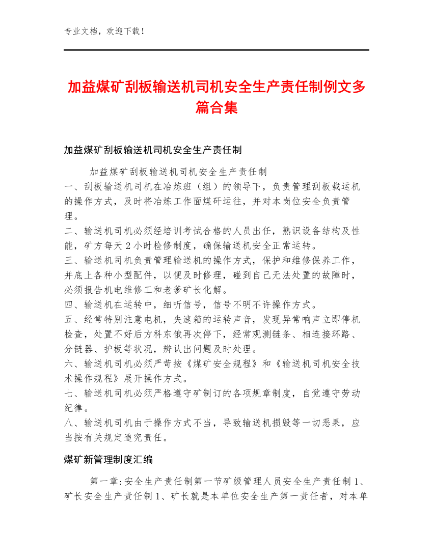 加益煤矿刮板输送机司机安全生产责任制例文多篇合集