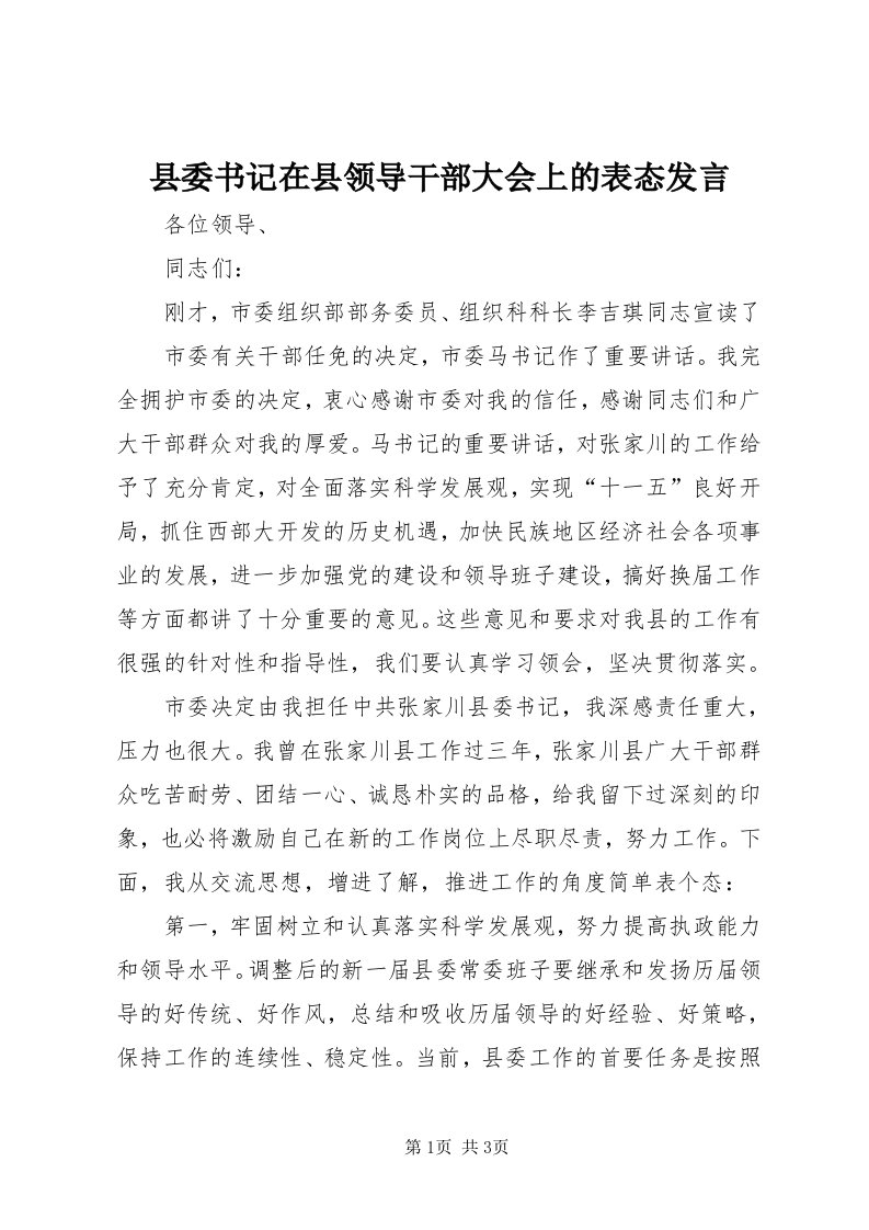 6县委书记在县领导干部大会上的表态讲话