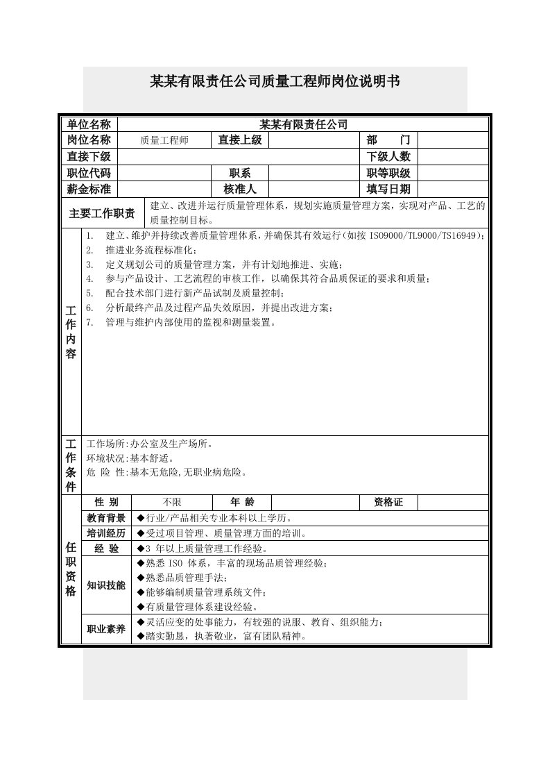 工程质量-质量工程师岗位说明书