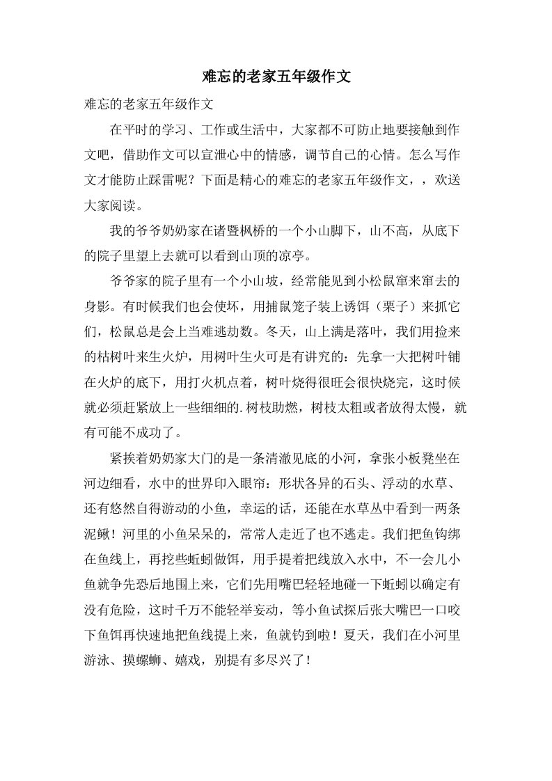 难忘的老家五年级作文