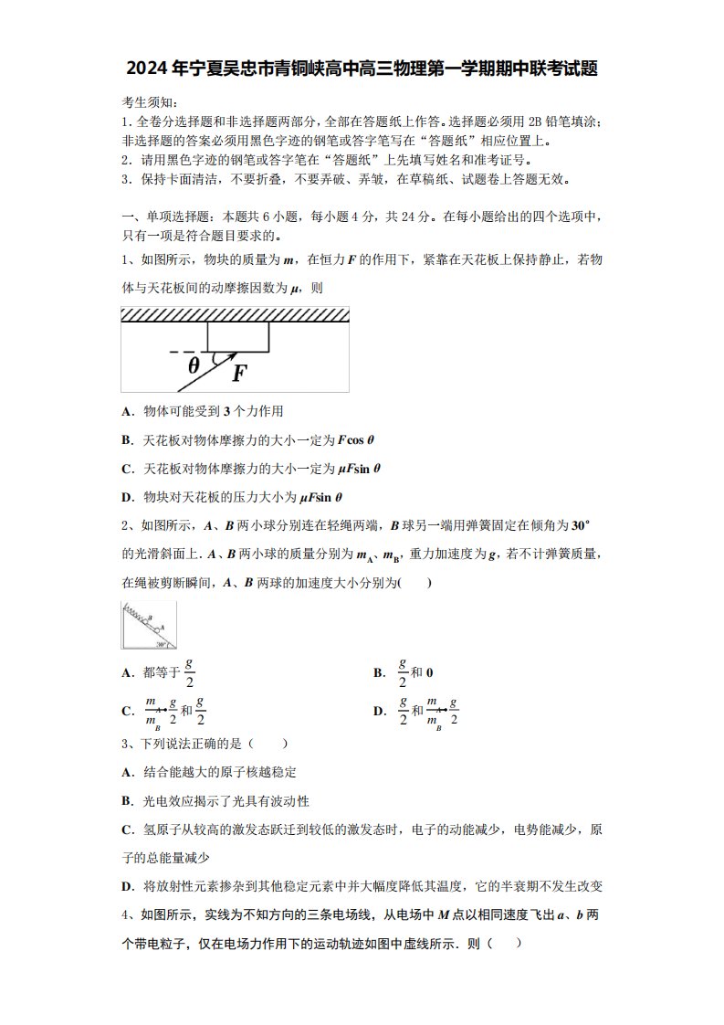 2024年宁夏吴忠市青铜峡高中高三物理第一学期期中联考试题含解析