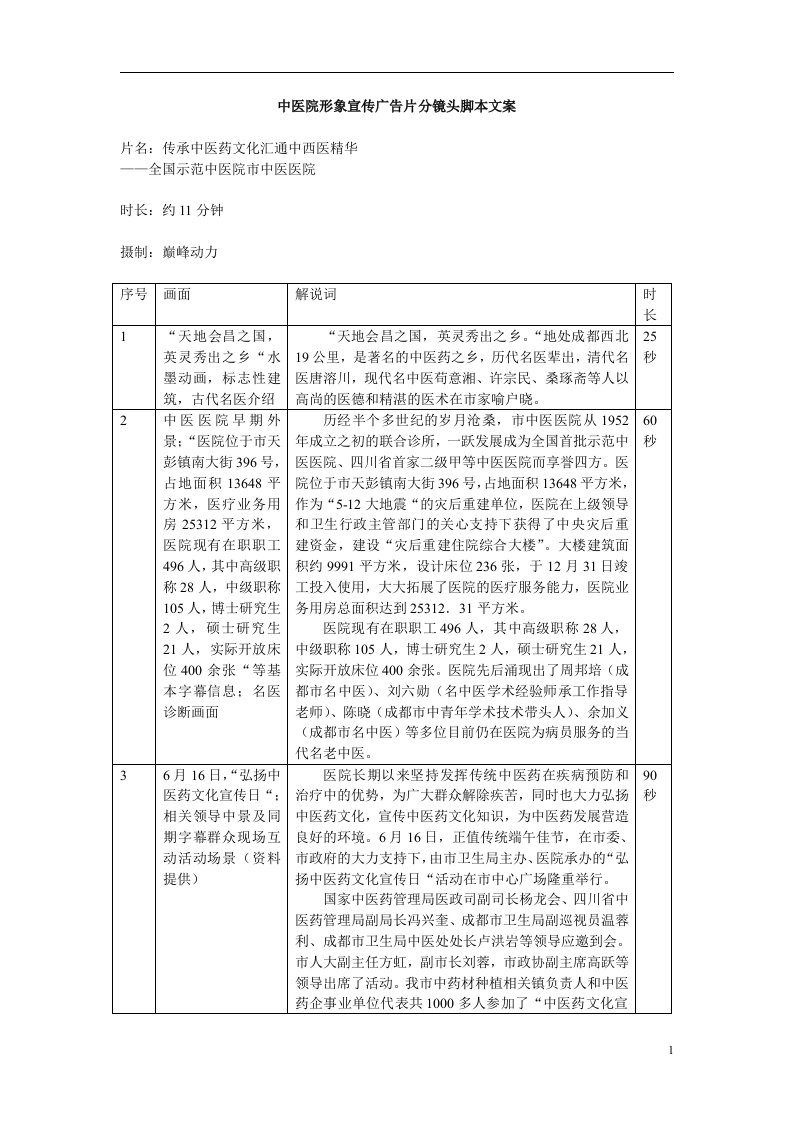 中医院形象宣传广告片分镜头脚本