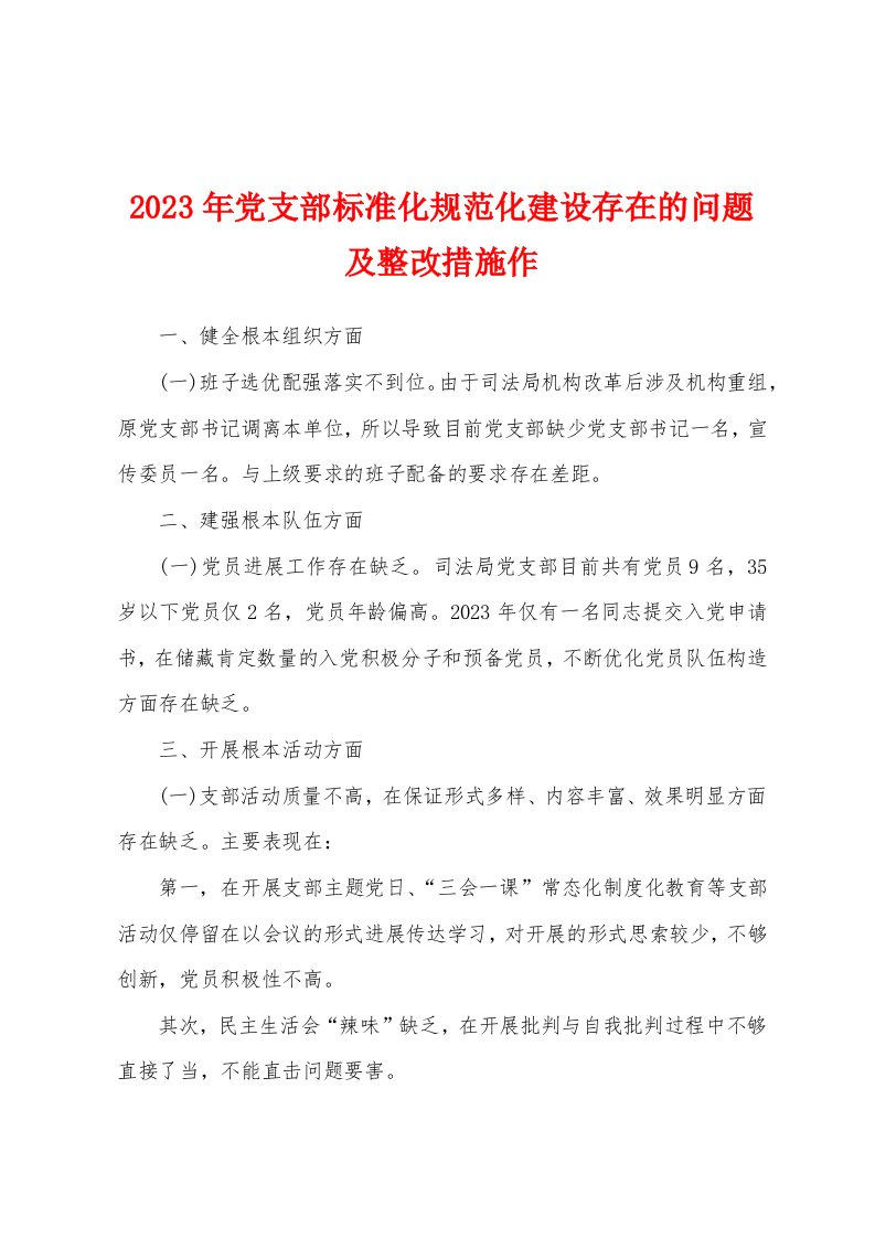 2023年党支部标准化规范化建设存在的问题及整改措施作