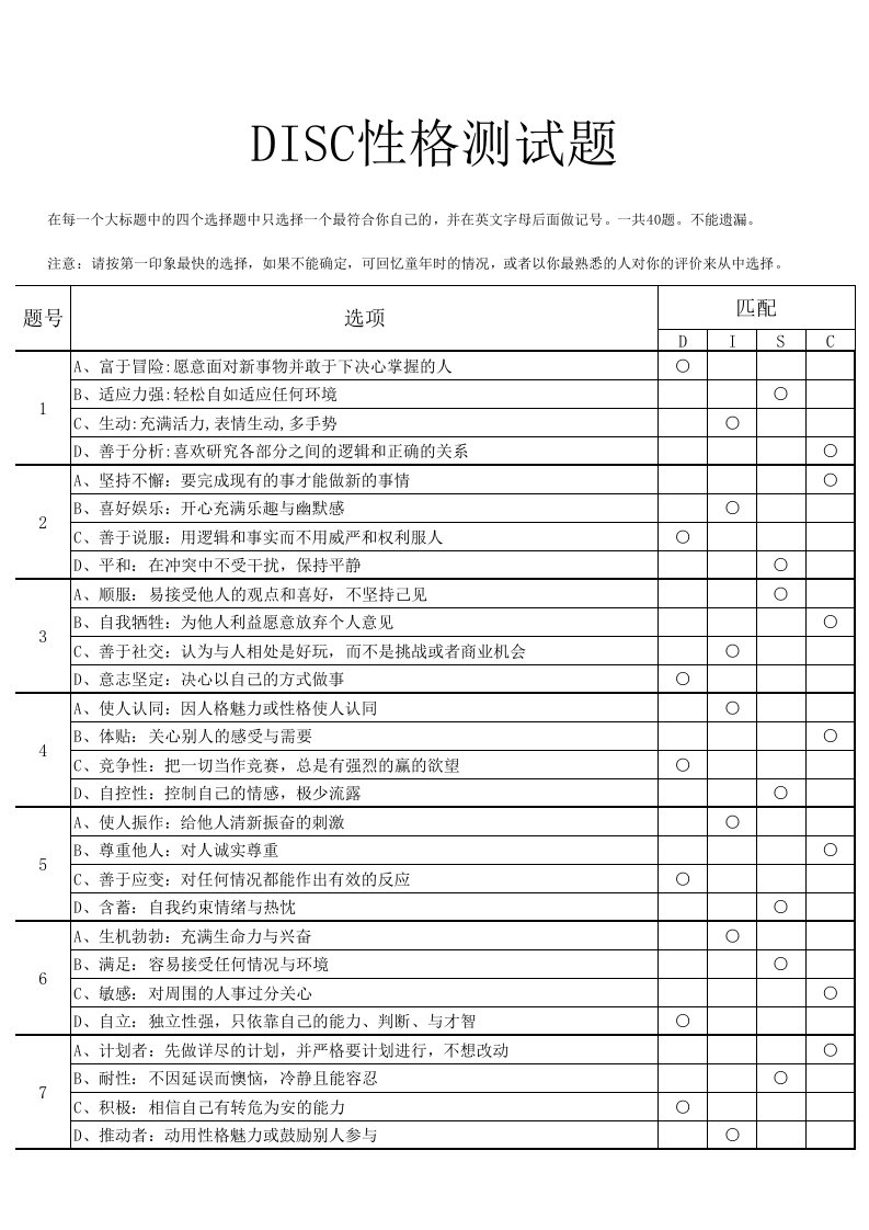 DISC性格测试(试题+分析)实用版