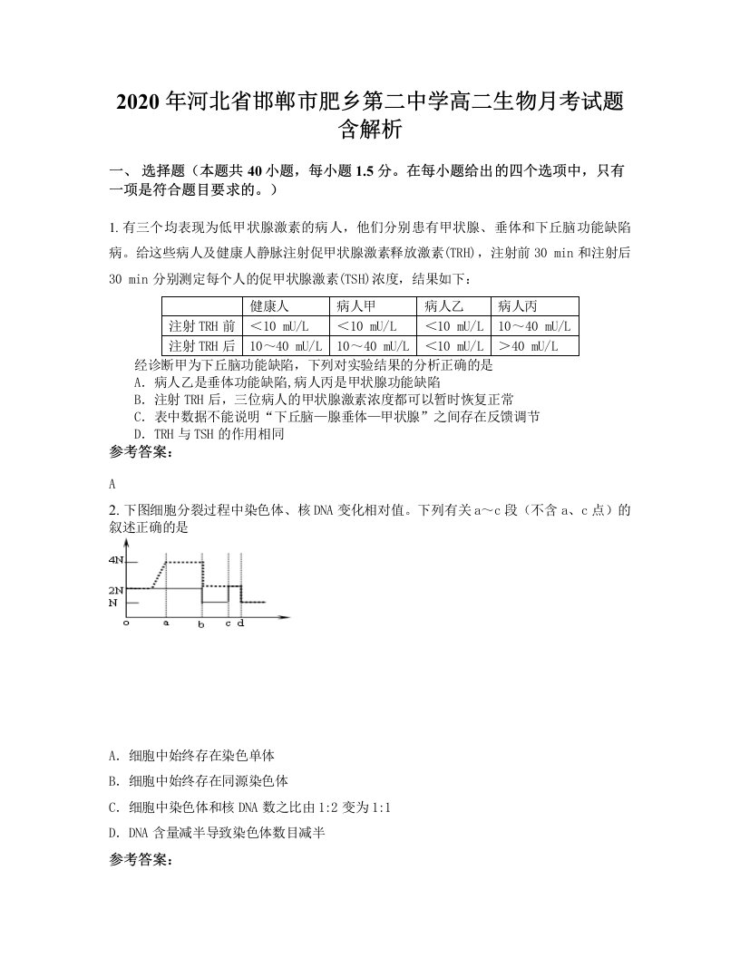 2020年河北省邯郸市肥乡第二中学高二生物月考试题含解析