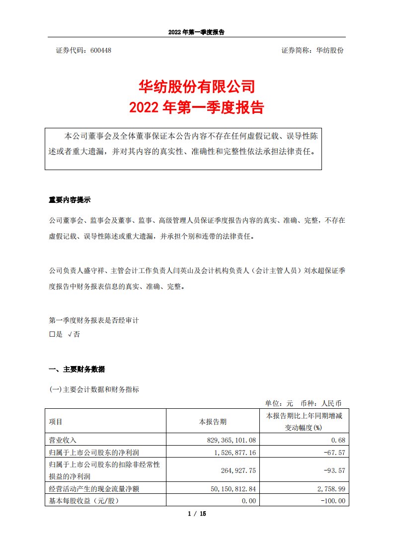 上交所-华纺股份：2022年第一季度报告-20220429