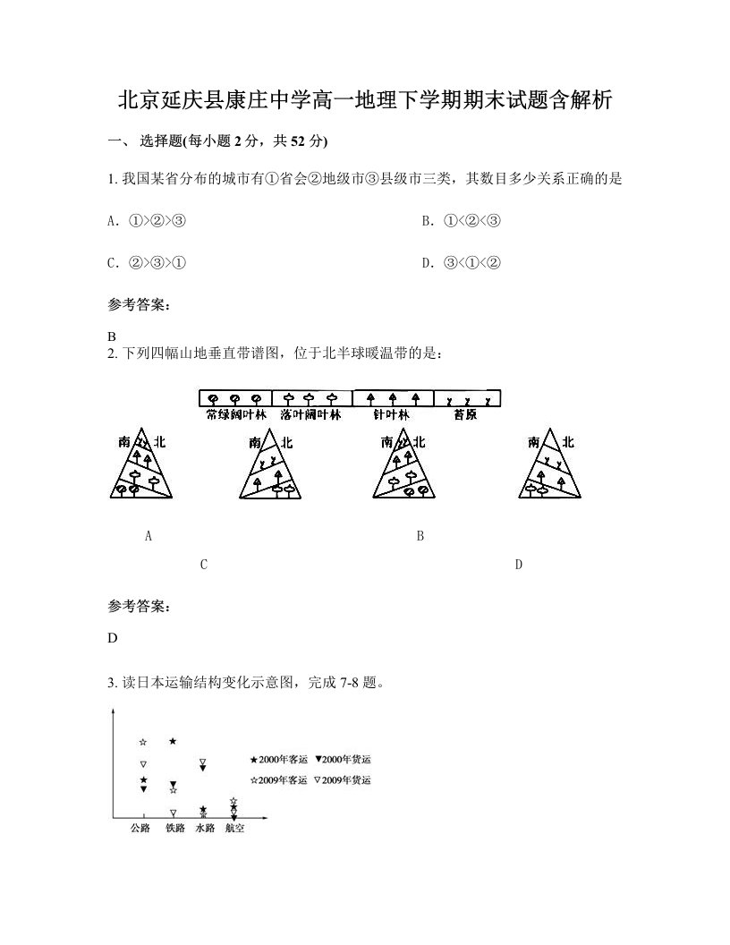 北京延庆县康庄中学高一地理下学期期末试题含解析