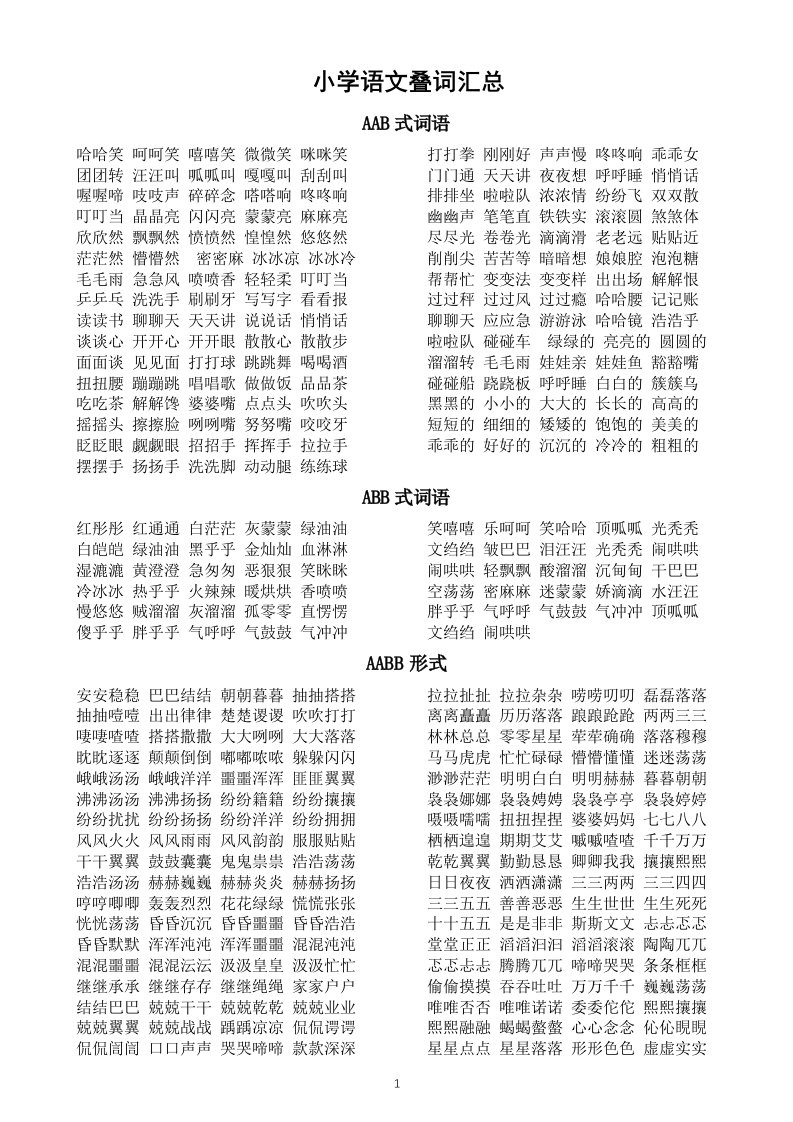 小学语文部编版叠词汇总（AAB、ABB、AABB、ABCC、AABC、ABAB、ABAC）