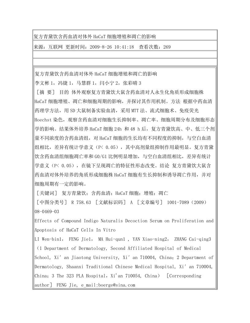 复方青黛饮含药血清对体外HaCaT细胞增殖和凋亡的影响