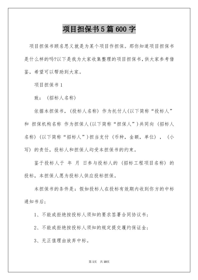 项目担保书5篇600字