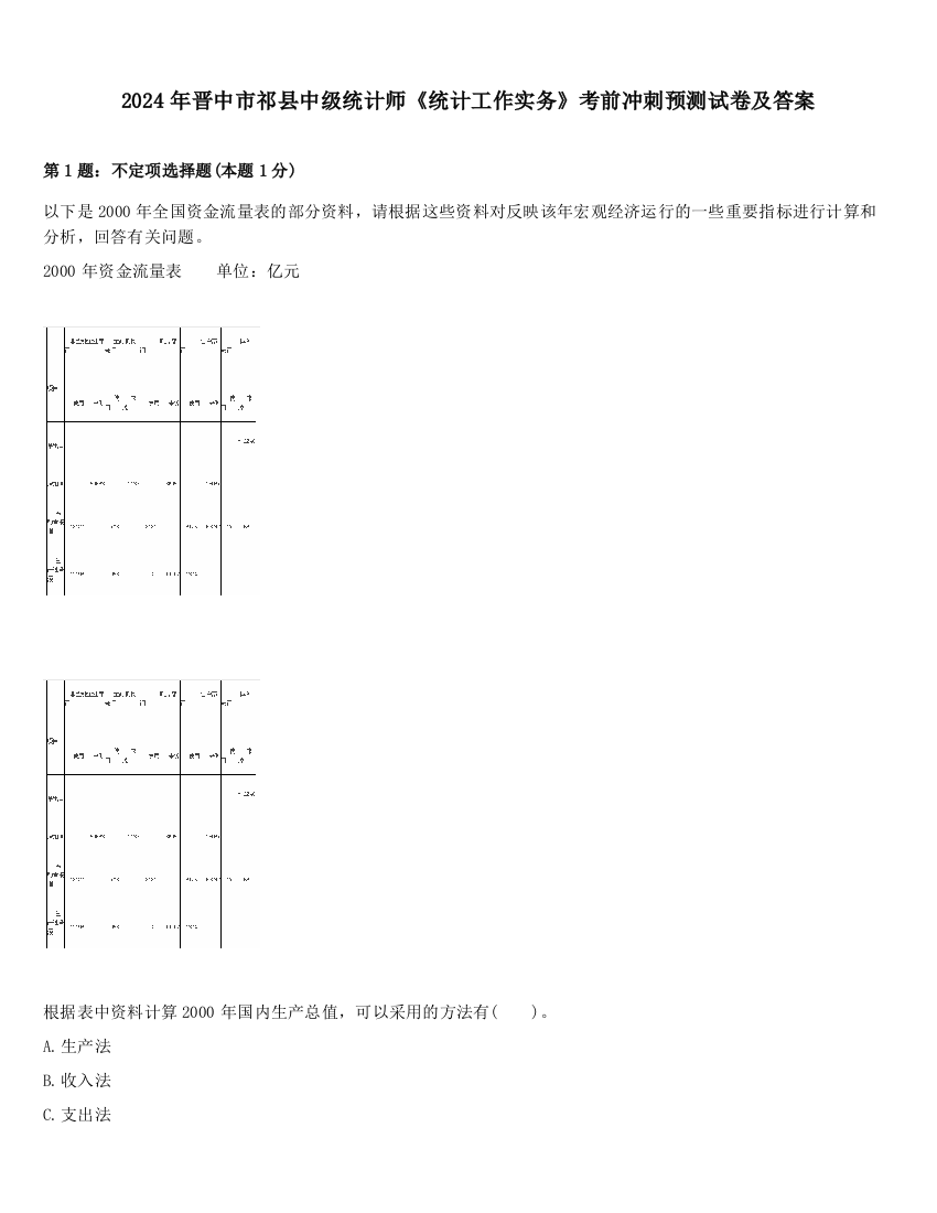 2024年晋中市祁县中级统计师《统计工作实务》考前冲刺预测试卷及答案