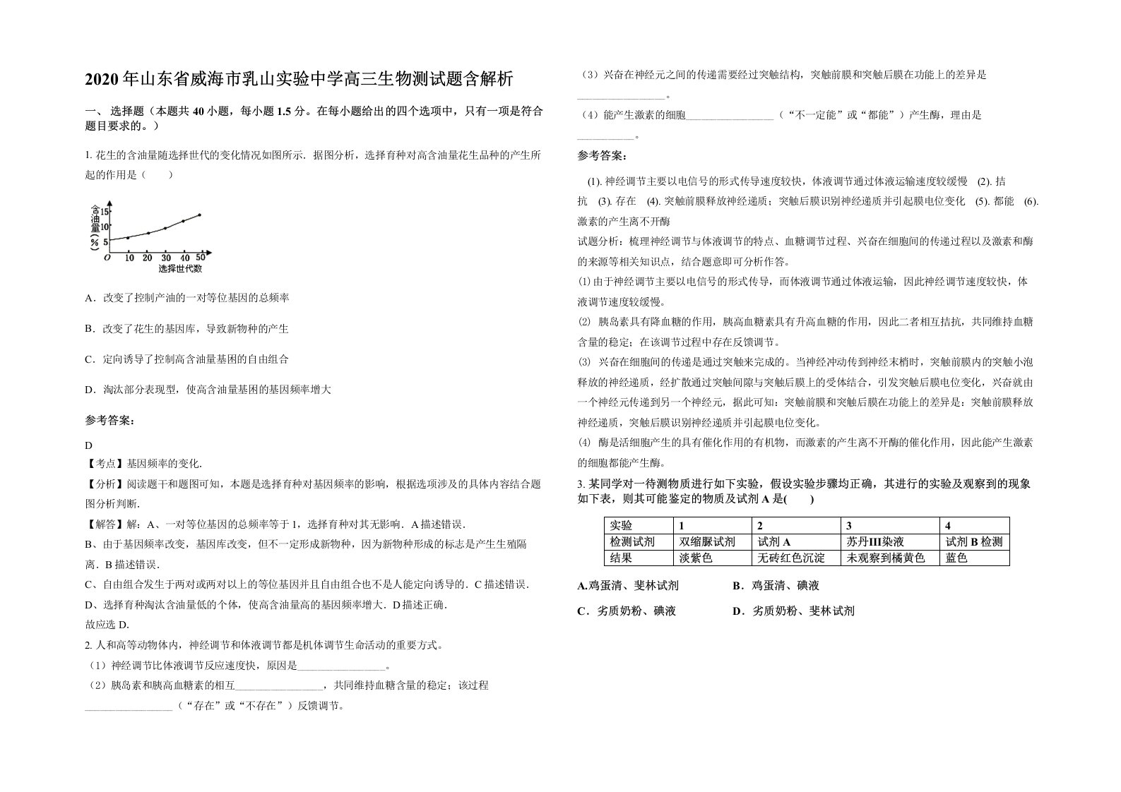 2020年山东省威海市乳山实验中学高三生物测试题含解析