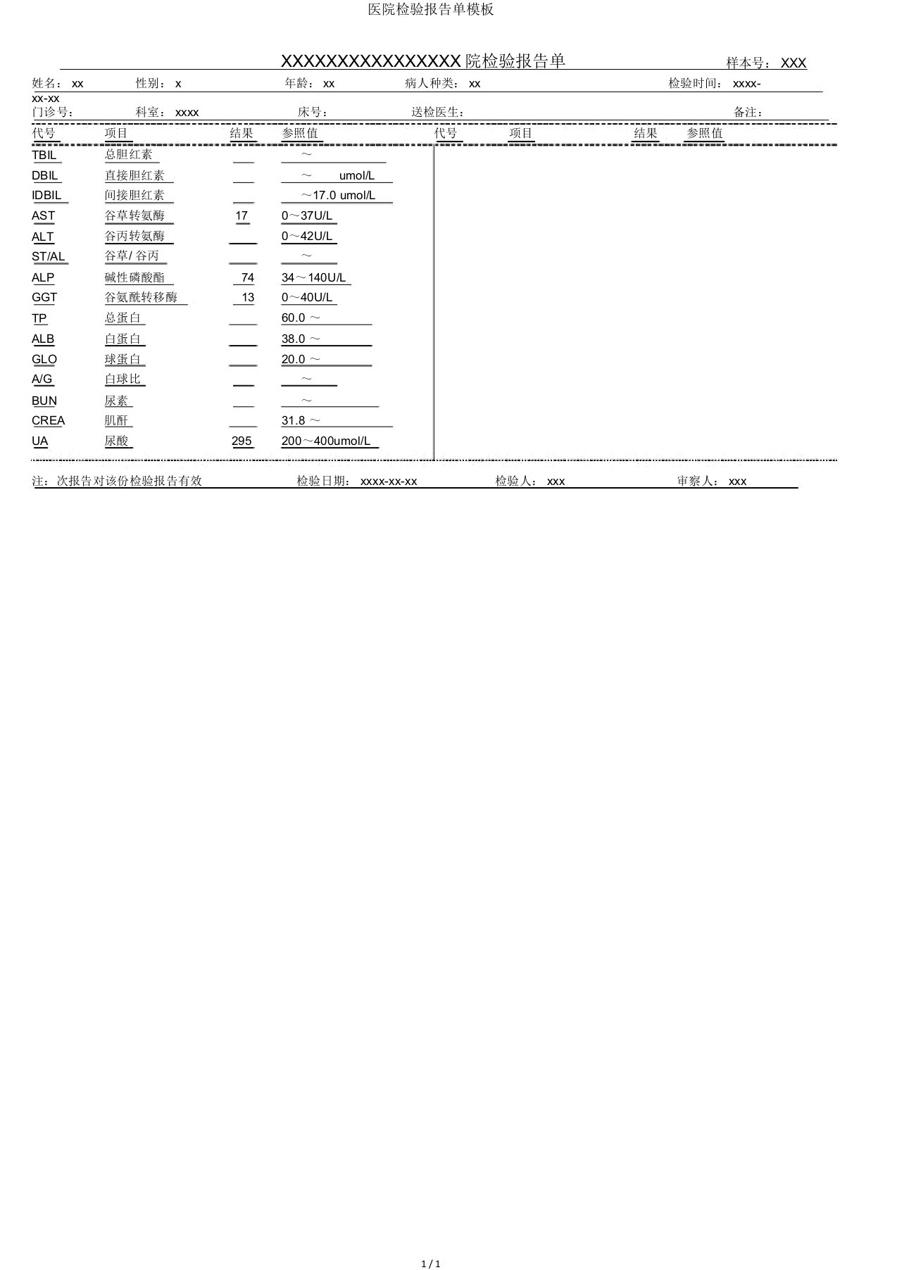 医院检验报告单模板