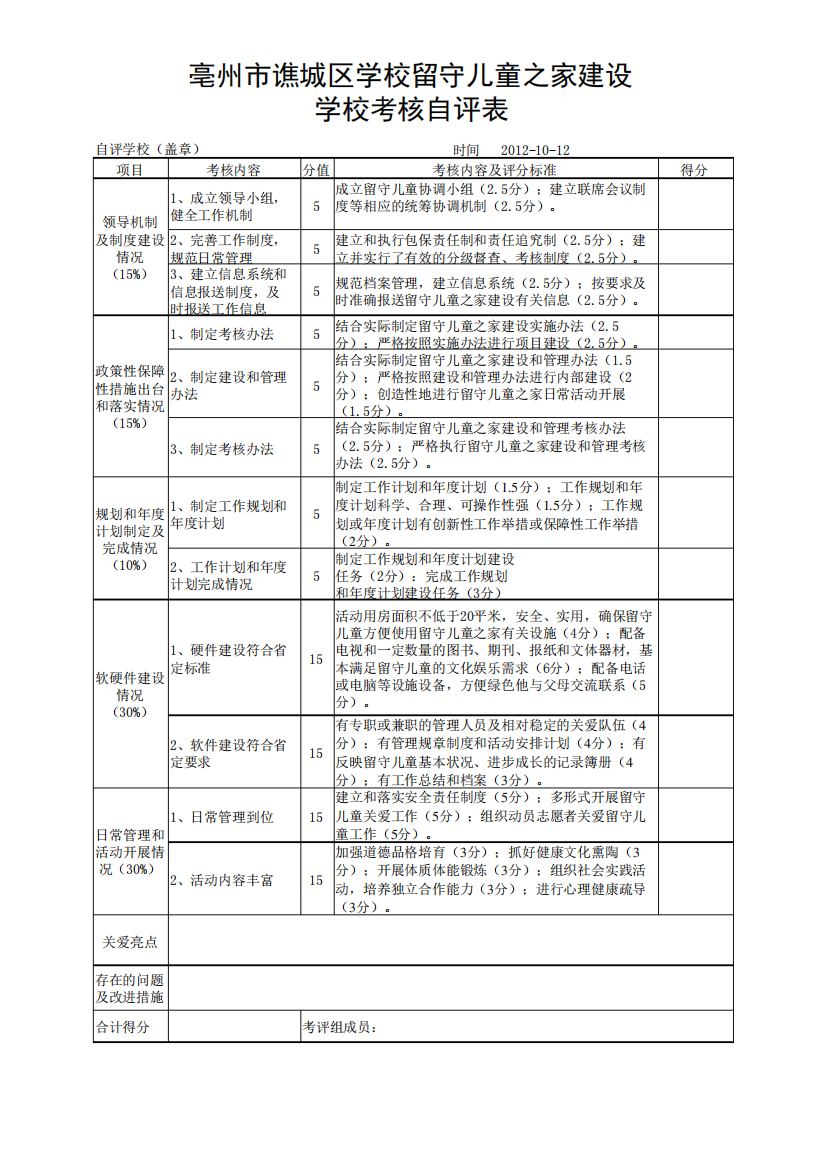 留守儿童之家学校考核自评表