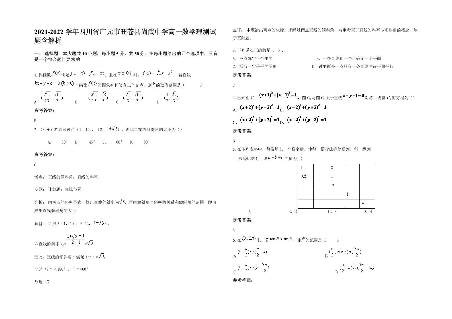 2021-2022学年四川省广元市旺苍县尚武中学高一数学理测试题含解析