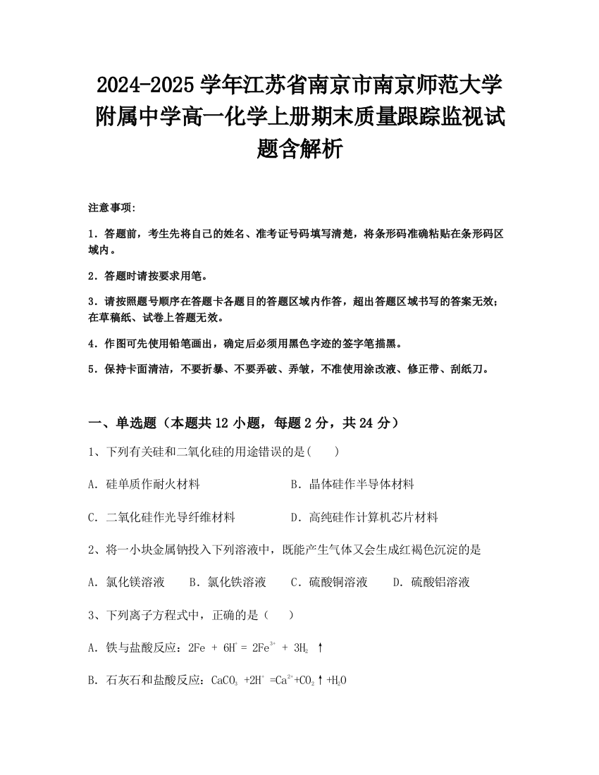 2024-2025学年江苏省南京市南京师范大学附属中学高一化学上册期末质量跟踪监视试题含解析