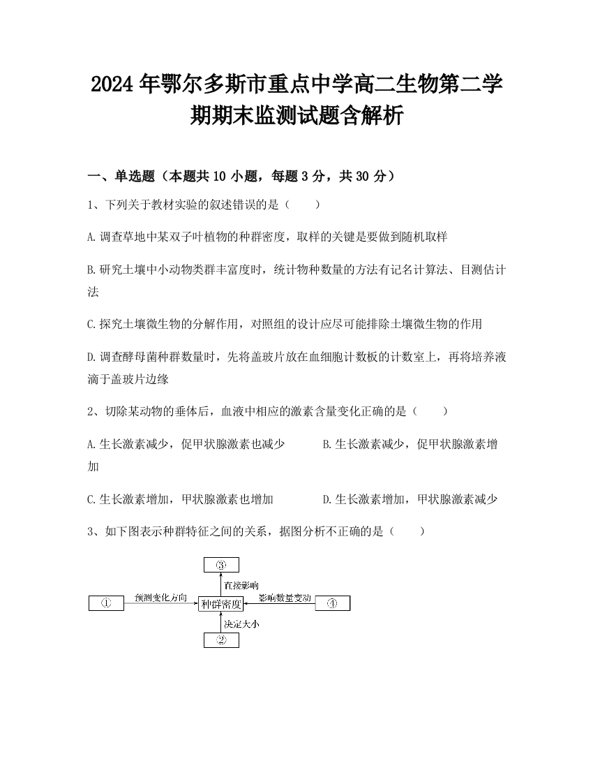 2024年鄂尔多斯市重点中学高二生物第二学期期末监测试题含解析