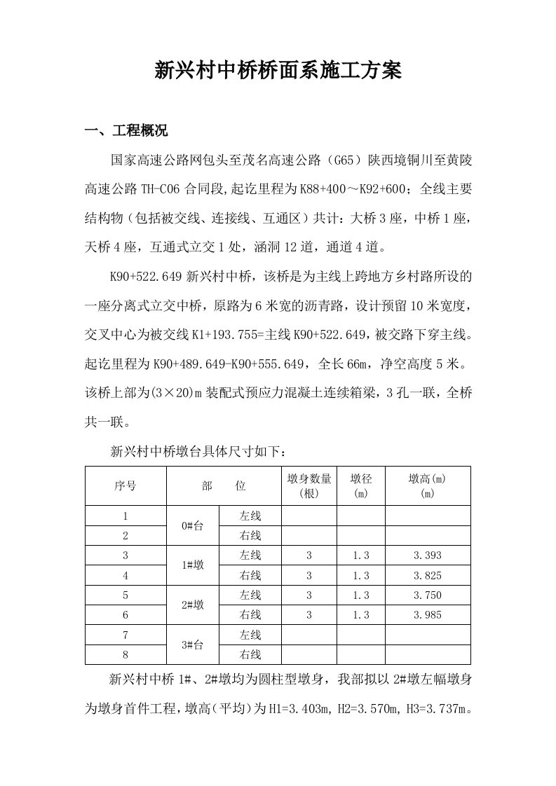 新兴村中桥桥面系施工方案