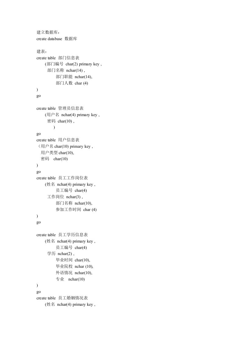 人事管理系统数据库设计sql代码