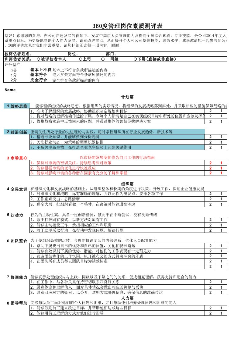 360度员工岗位素质测评表