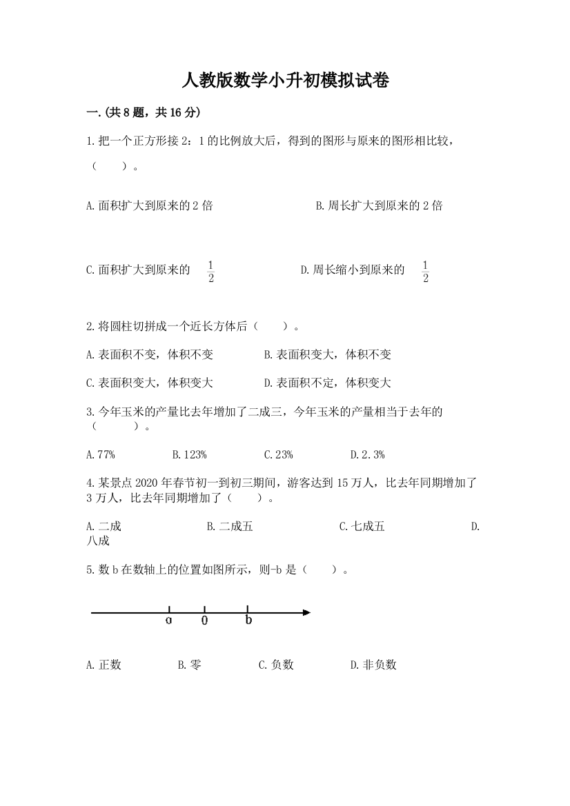 人教版数学小升初模拟试卷附答案【培优】