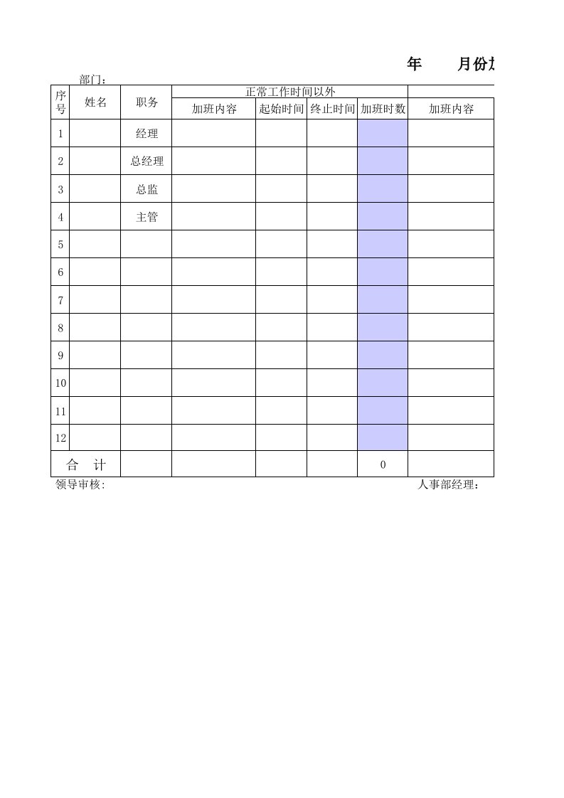 表格模板-Excel公司管理典型实例加班统计表