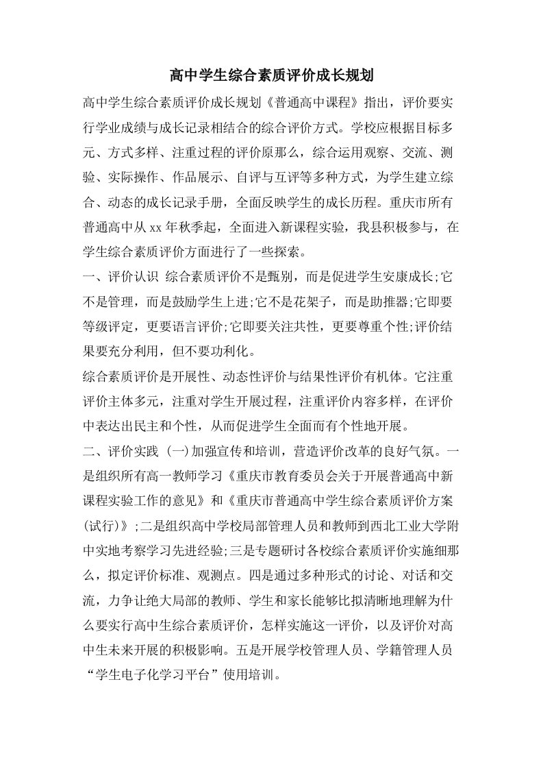 高中学生综合素质评价成长规划