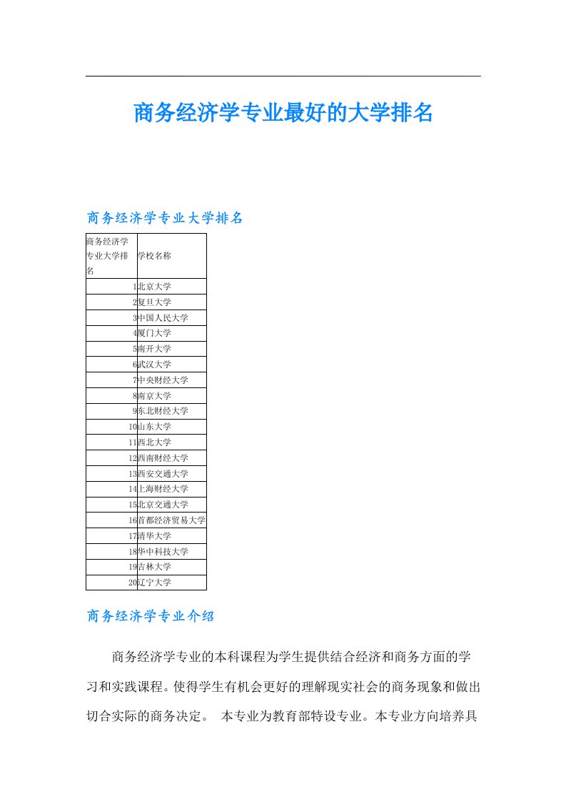 商务经济学专业最好的大学排名