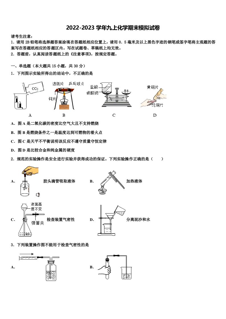 2022年北京市第二十二中学化学九年级第一学期期末考试模拟试题含解析