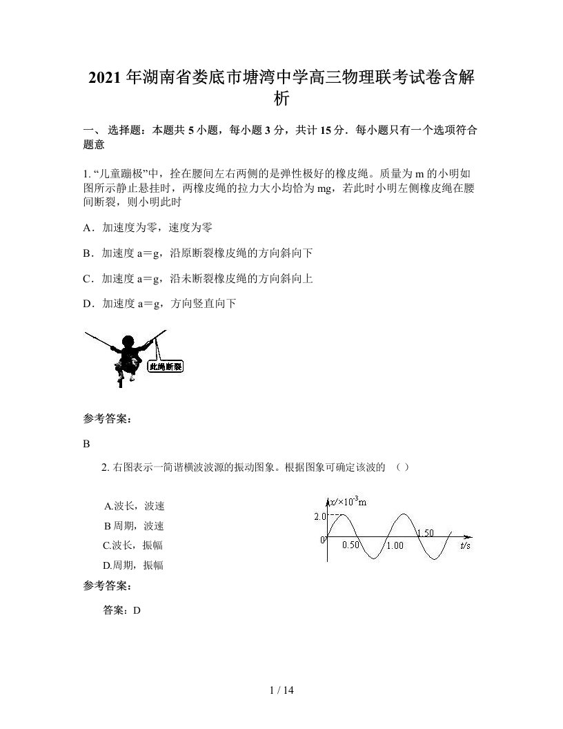 2021年湖南省娄底市塘湾中学高三物理联考试卷含解析