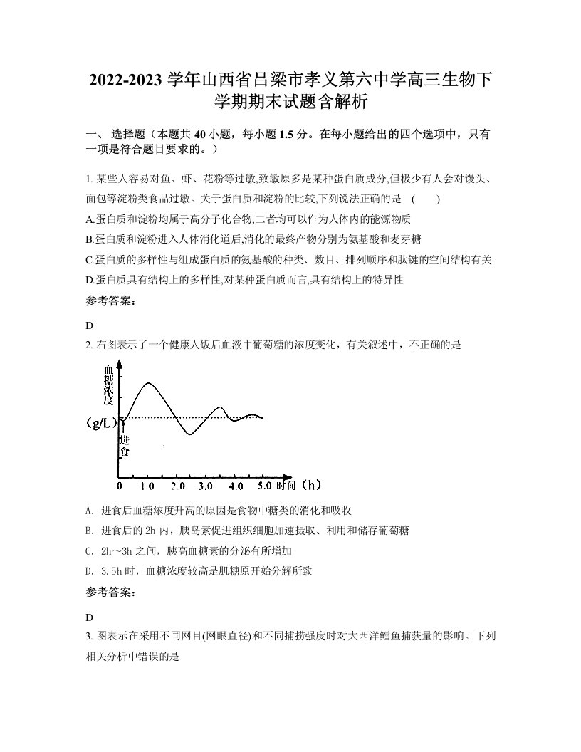 2022-2023学年山西省吕梁市孝义第六中学高三生物下学期期末试题含解析