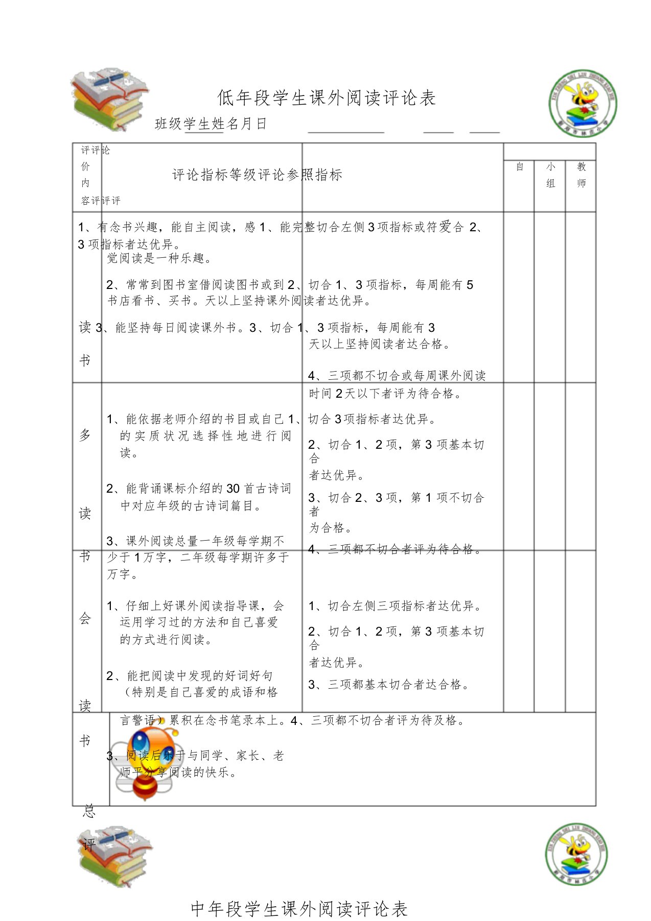 低中高年级课外阅读评价表