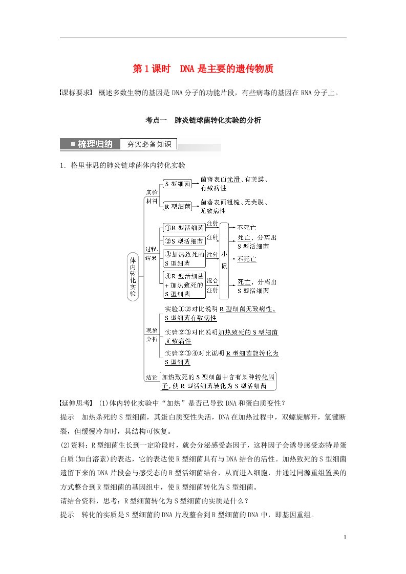 新高考2023届高考生物一轮复习讲义第6单元第1课时DNA是主要的遗传物质新人教版