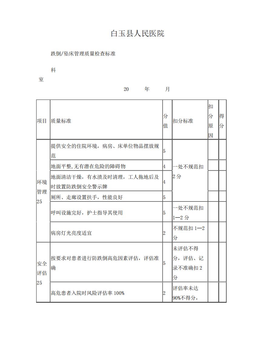 跌倒坠床管理质量检查标准