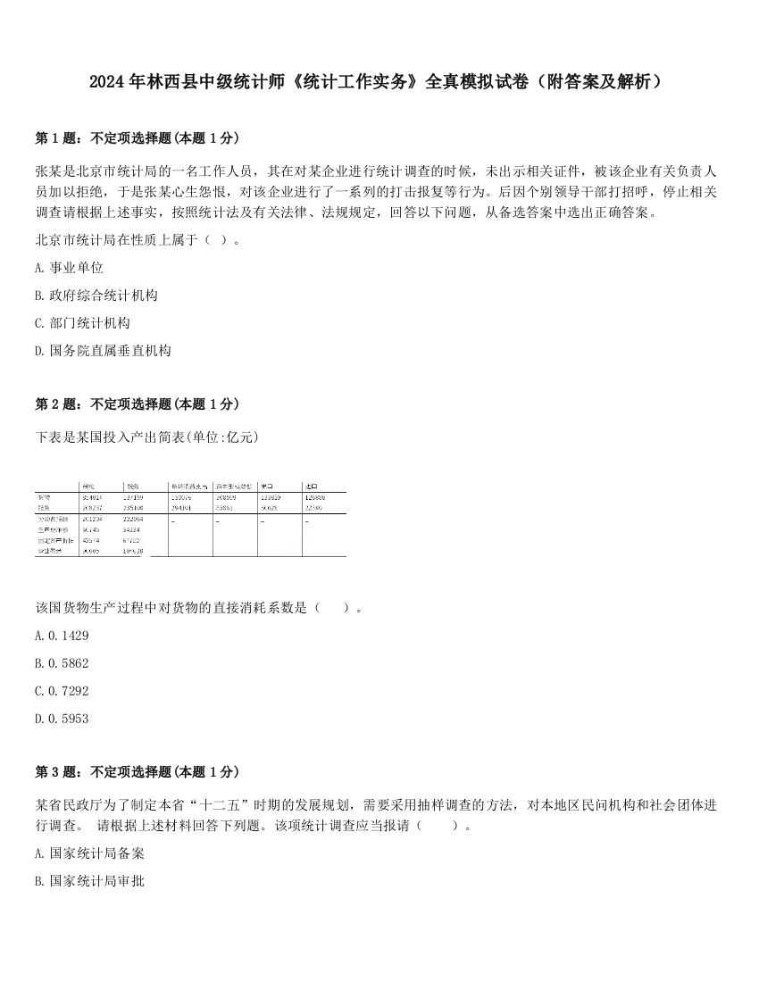 2024年林西县中级统计师《统计工作实务》全真模拟试卷（附答案及解析）